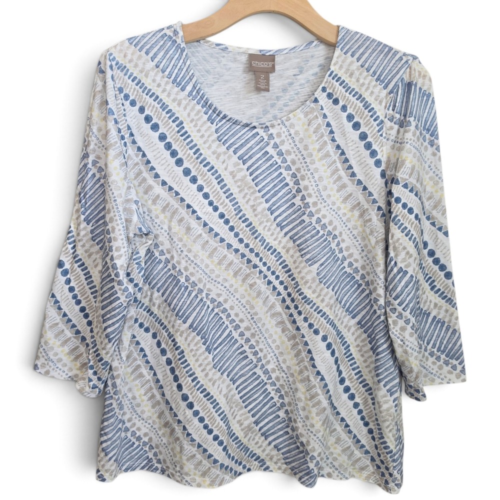 Chicos Top Womens Size 2 US 12 Blue Geometric Stripe Slub Knit 3/4 Sleeve Tee